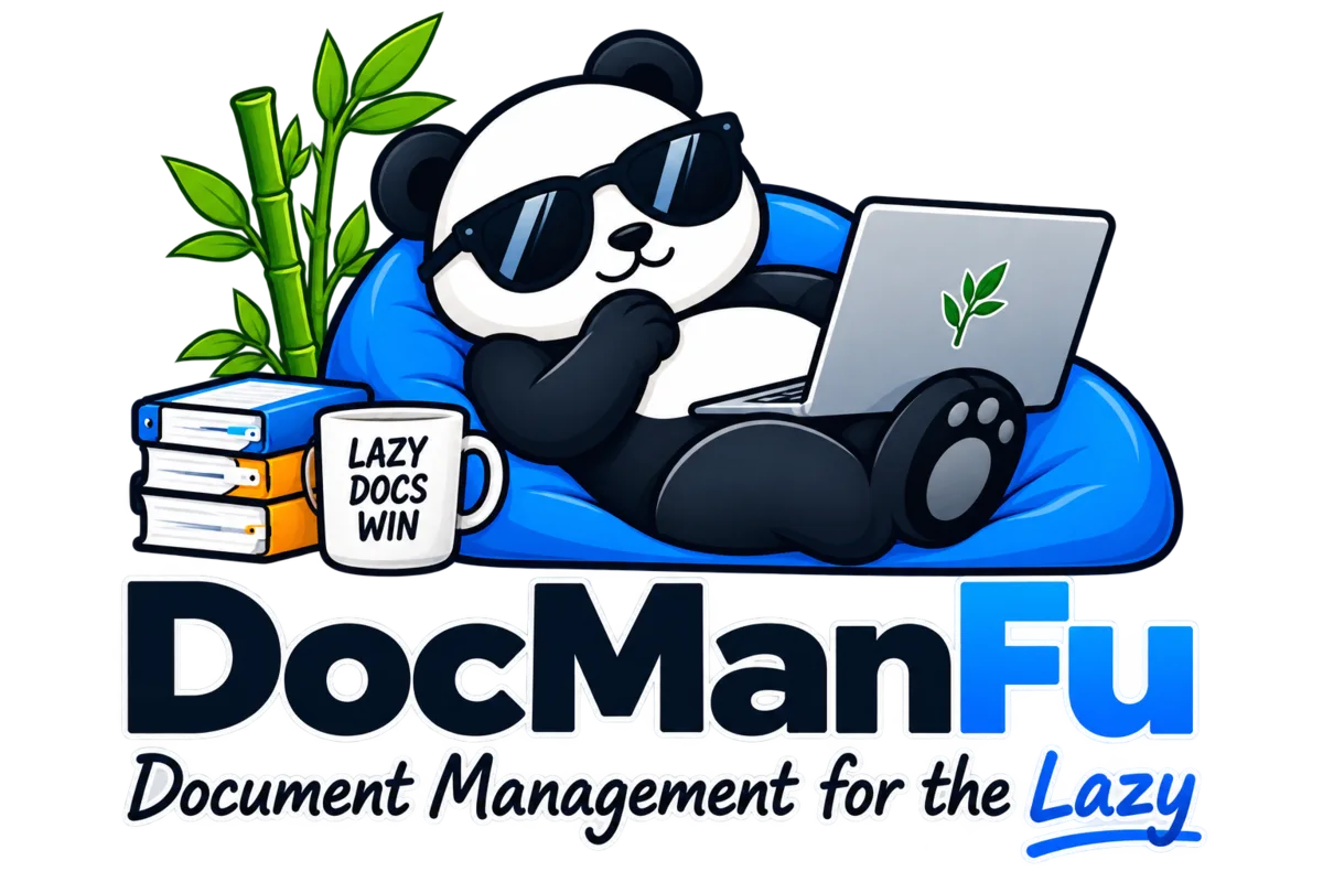 DocManFu panda in sunglasses relaxing on a beanbag with a laptop, next to a mug reading Lazy Docs Win