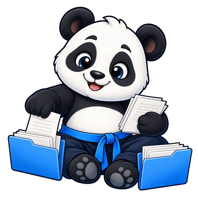 Blue-belt panda sorting paperwork into blue folders