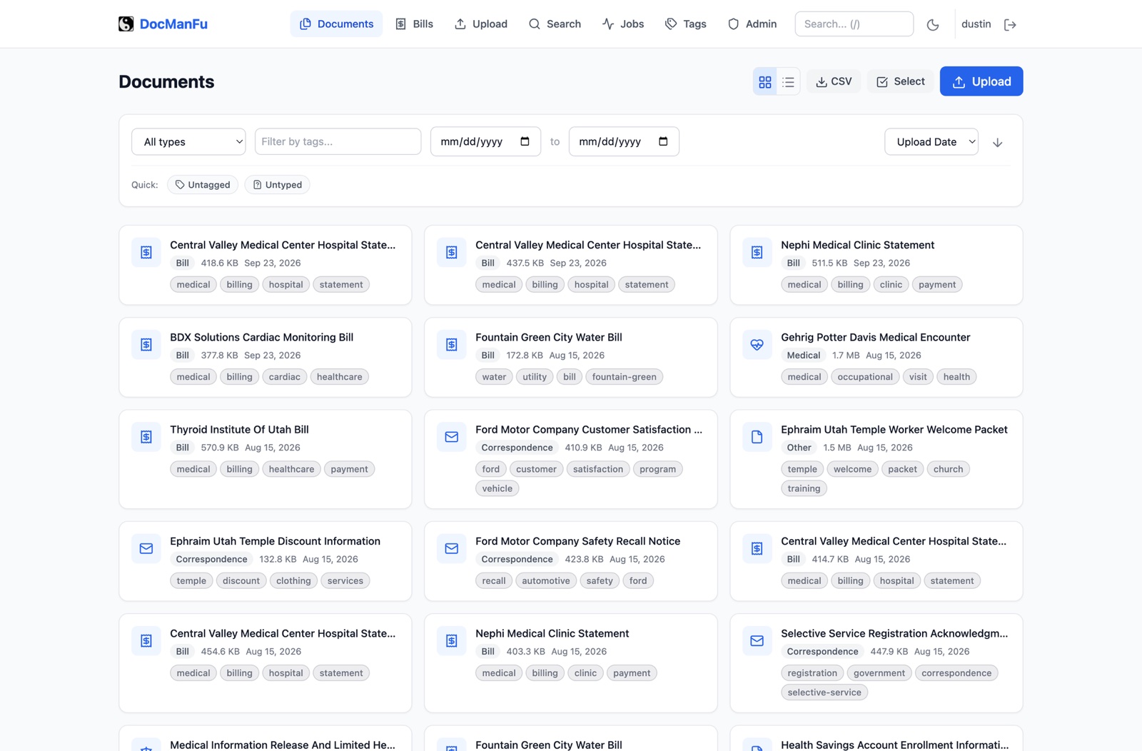 DocManFu document library showing AI-named bills, medical records, and correspondence with automatic tags